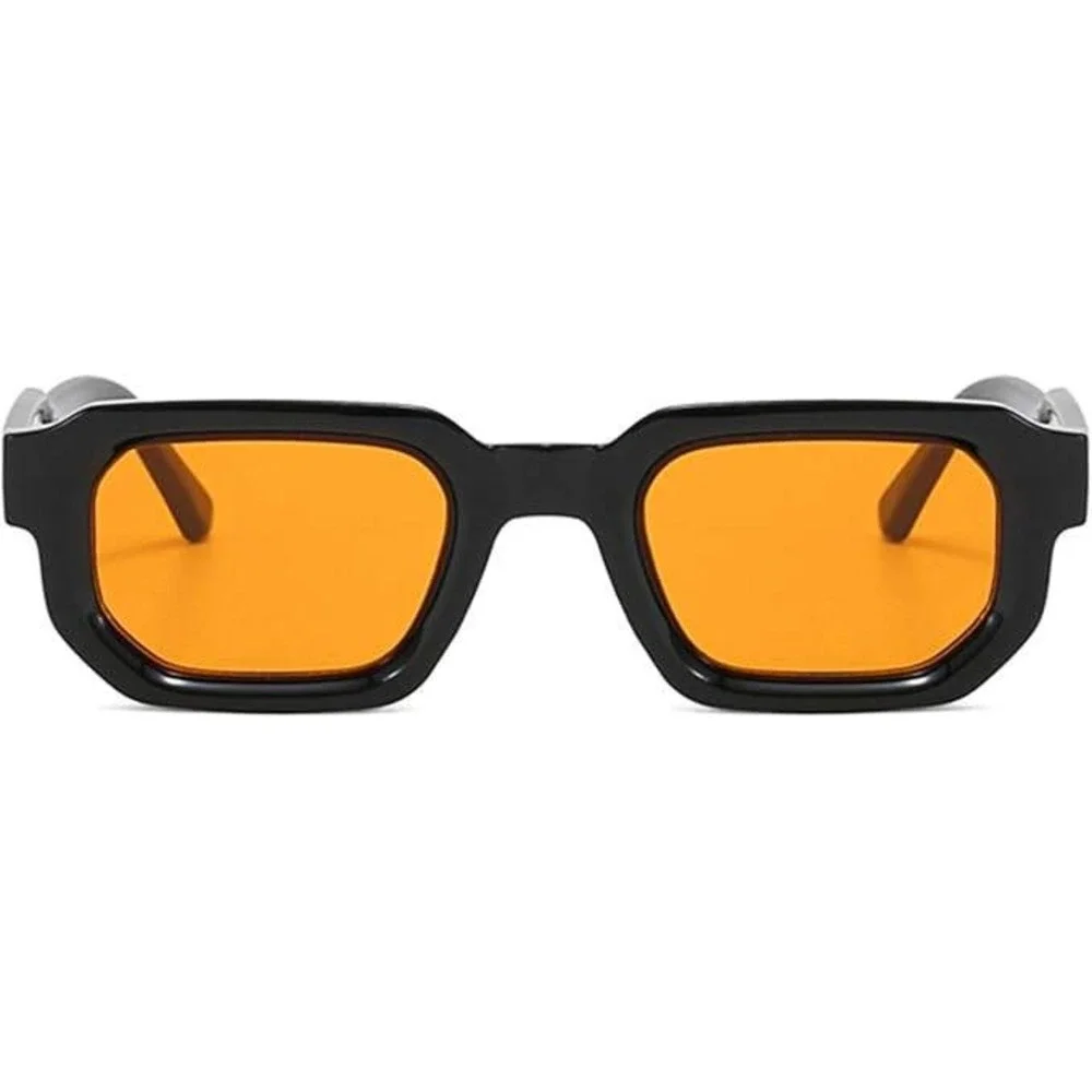 Mens Square Sunglasses Black Frame Orange Tinted Lens Retro Streetwear UV400 New